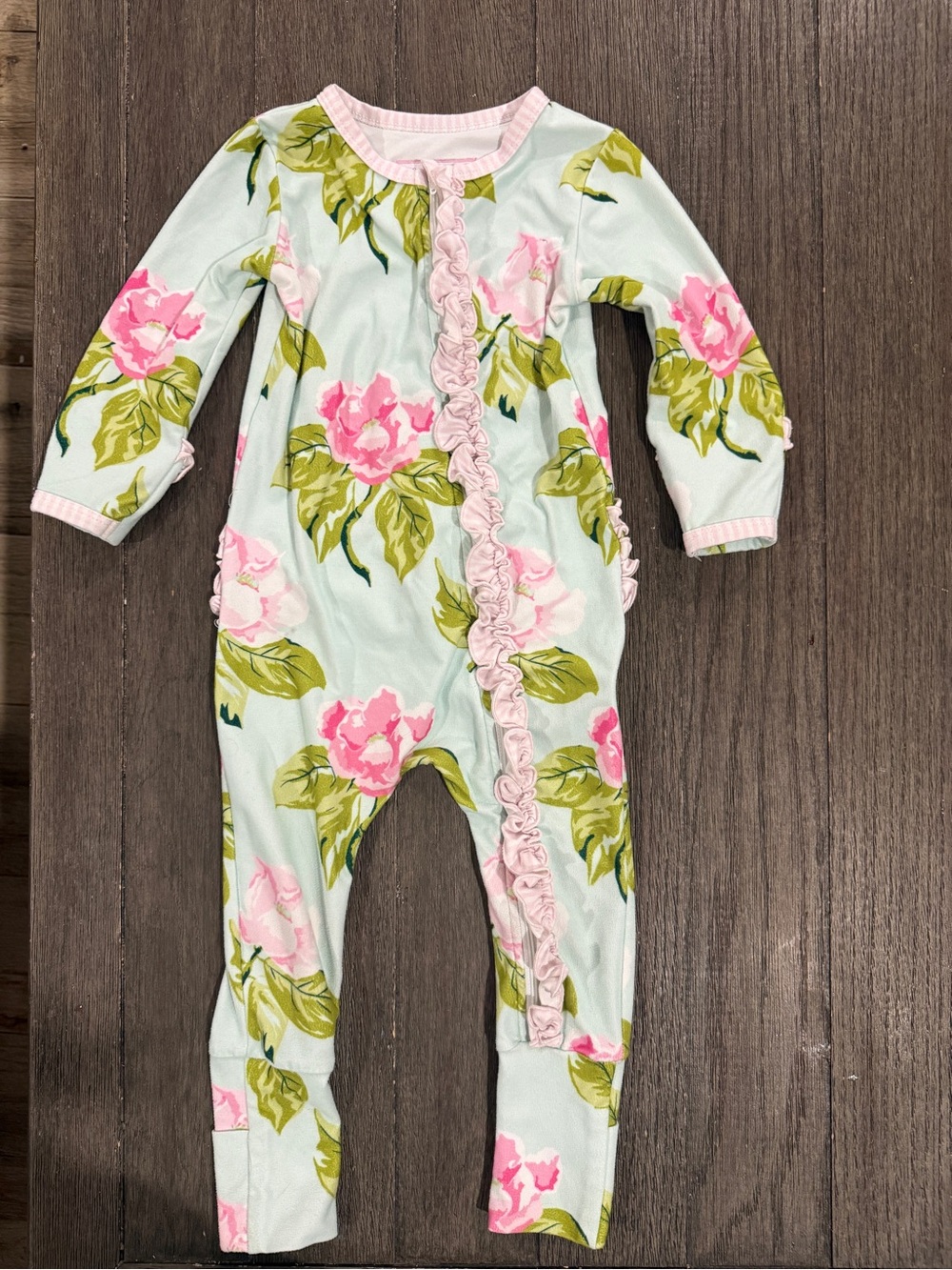 SweetHoney Mint Floral Ruffle Footie in Pink & Green